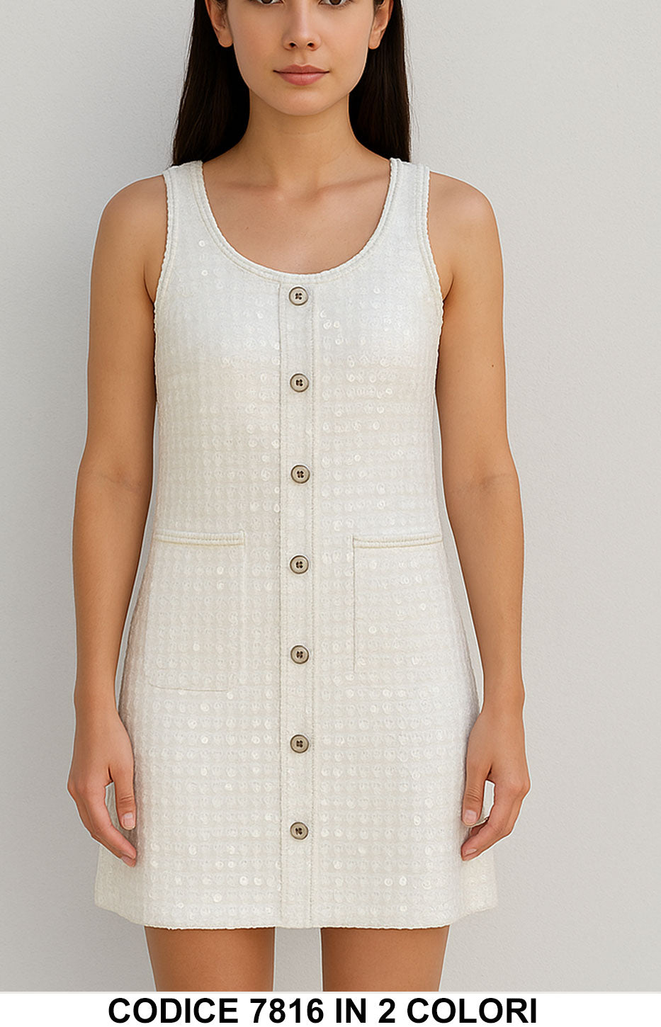 Vestito corto con paillettes e bottoni frontali Abito Elegante Evento Fashion in Bianco o Nero – 7816 Vestito corto con paillettes e bottoni frontali Abito Elegante Evento Fashion in Bianco o Nero – 7816