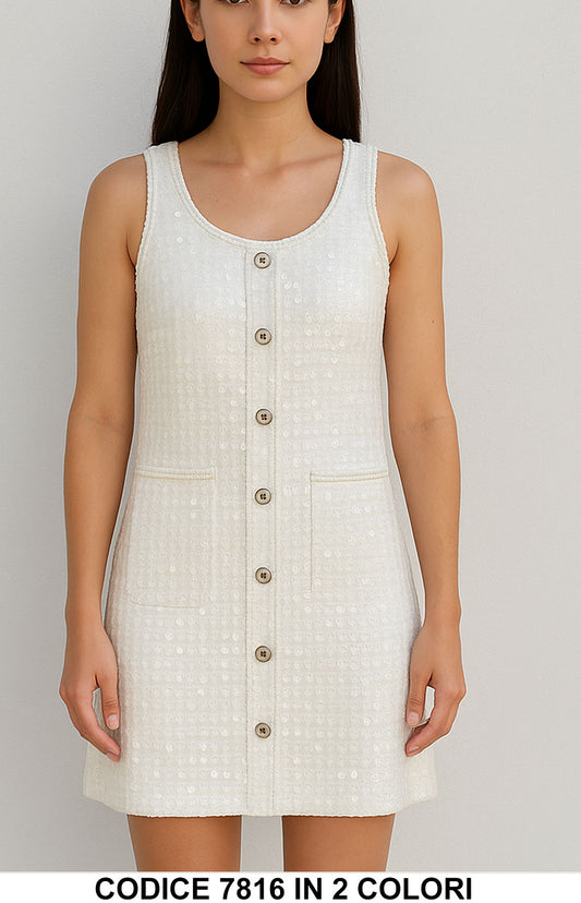 Vestito corto con paillettes e bottoni frontali Abito Elegante Evento Fashion in Bianco o Nero – 7816