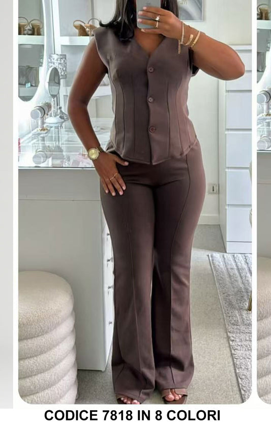 Tailleur GIacca GIlet smanicato con pantalone a zampa Completo Coordinato Casual Elegante in 8 colori – 7818