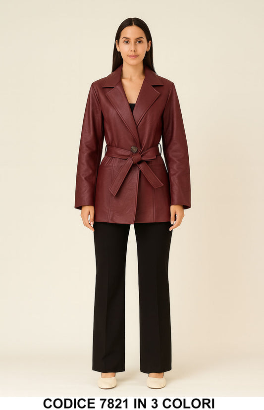 Giacca eco pelle con cintura casual Giubbotto Revers donna Fashion Elegante in 3 Colori – 7821