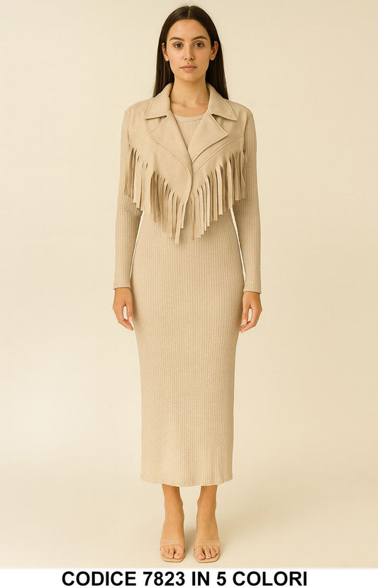 Completo Fashion Abito lungo Costine e Giacchino corto con frange Coordinato Casual Chic in 5 Colori – 7823
