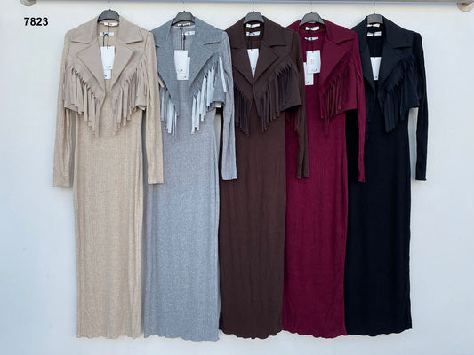 Completo Fashion Abito lungo Costine e Giacchino corto con frange Coordinato Casual Chic in 5 Colori – 7823
