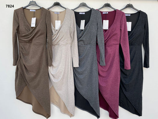 Vestito elegante midi con scollo a V incrociato Abito Chic Asimmetrico Manica Lunga in 5 Colori – 7824