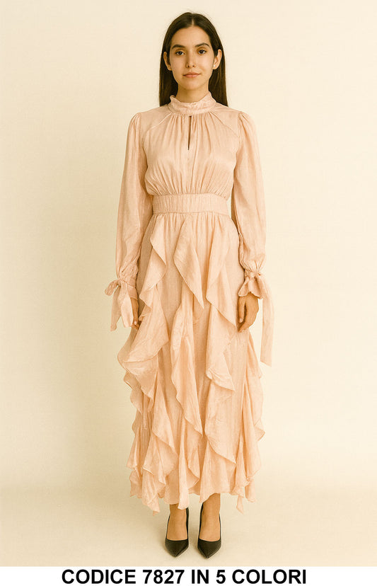 Abito lungo con rouches e maniche lunghe Elegante Vestito Evento Cerimonia in 5 colori – 7827