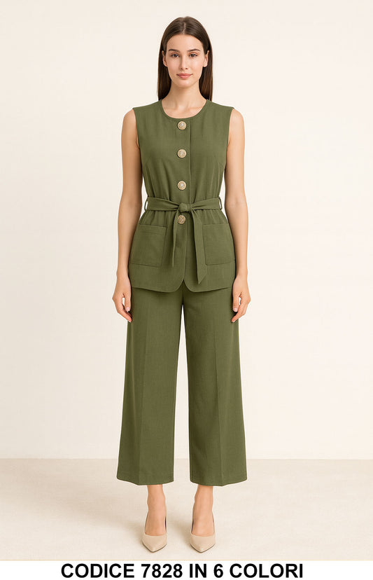 Completo elegante Giacca gilet lungo Bottoni Oro pantalone palazzo Coordinato Fashion in 6 colori – 7828