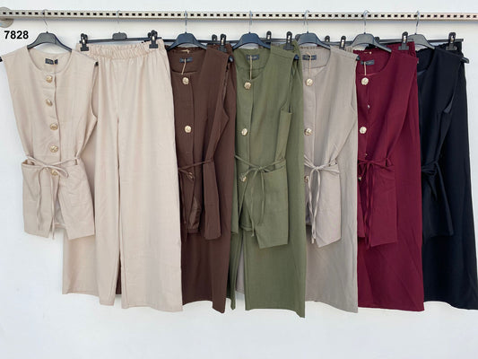 Completo elegante Giacca gilet lungo Bottoni Oro pantalone palazzo Coordinato Fashion in 6 colori – 7828