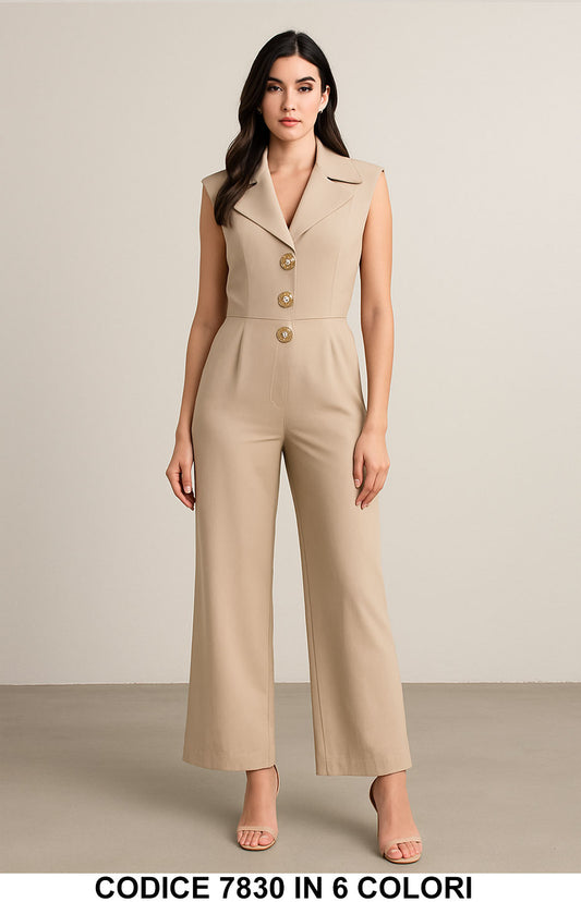 Tuta Intera Jumpsuit elegante senza maniche con bottoni gioiello Pantalone Palazzo in 6 Colori – 7830