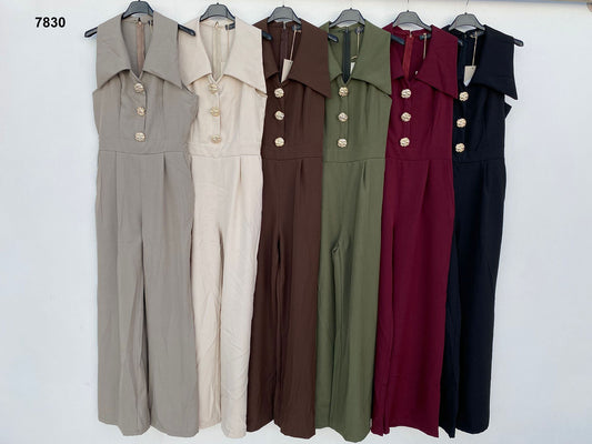 Tuta Intera Jumpsuit elegante senza maniche con bottoni gioiello Pantalone Palazzo in 6 Colori – 7830