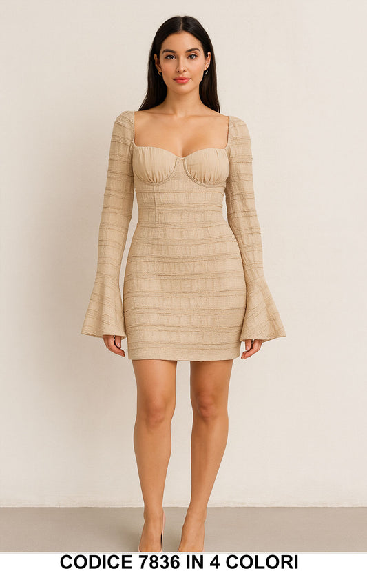 Vestito corto con maniche svasate e scollo squadrato Abito Effetto Rigato Manica Lunga in 4 Colori – 7836