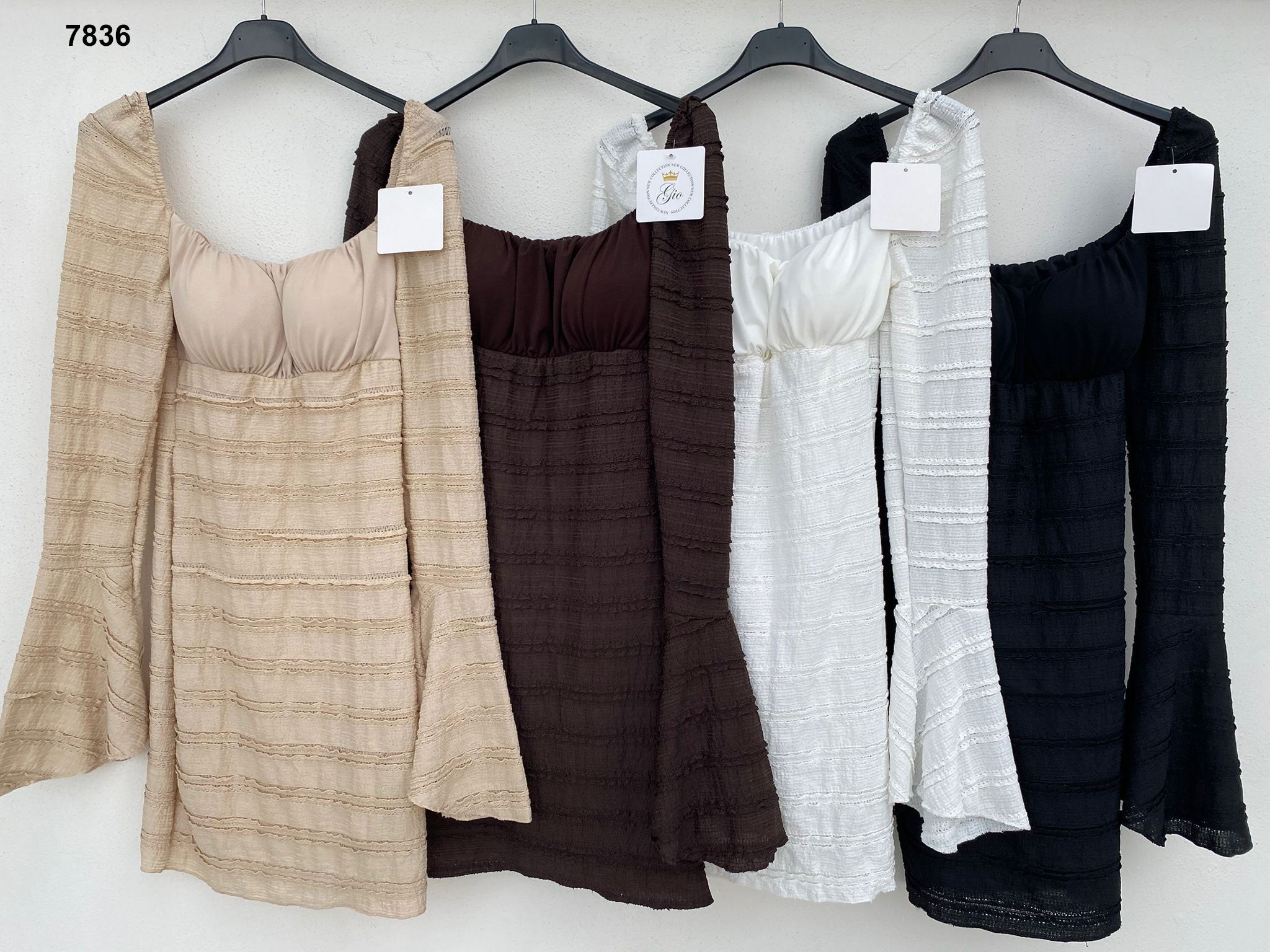 Vestito corto con maniche svasate e scollo squadrato Abito Effetto Rigato Manica Lunga in 4 Colori – 7836 Vestito corto con maniche svasate e scollo squadrato Abito Effetto Rigato Manica Lunga in 4 Colori – 7836