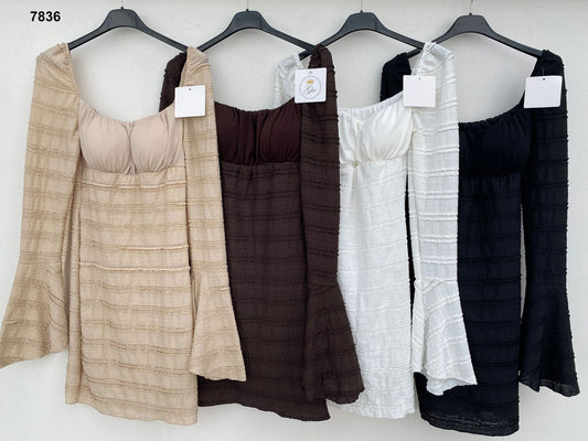 Vestito corto con maniche svasate e scollo squadrato Abito Effetto Rigato Manica Lunga in 4 Colori – 7836