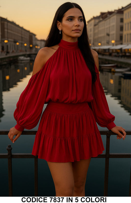 Abito corto con spalle scoperte e maniche ampie Effetto Plissè Vestito Casual in 5 Colori – 7837