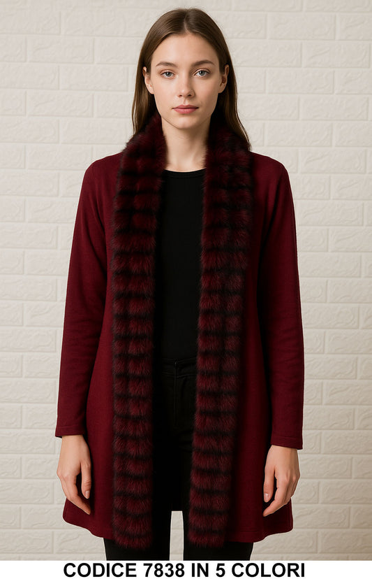 Cardigan elegante con bordo in eco pelliccia Maglia Lunga Fashion in 5 colori – 7838