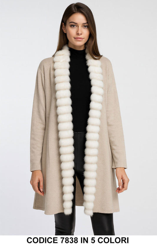 Cardigan elegante con bordo in eco pelliccia Maglia Lunga Fashion in 5 colori – 7838