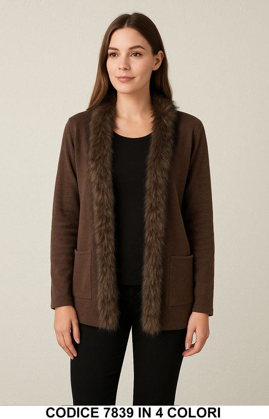 Cardigan corto con bordo in eco pelliccia Maglia Elegante Casual in 4 colori – 7839