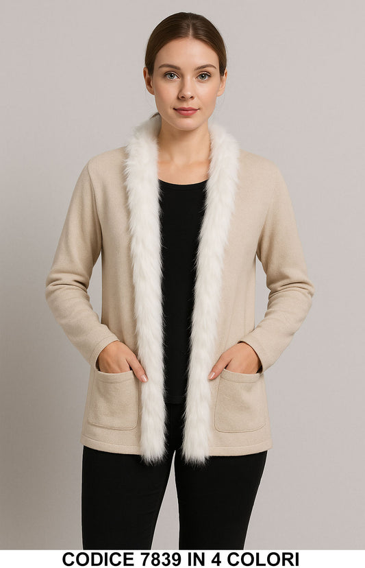 Cardigan corto con bordo in eco pelliccia Maglia Elegante Casual in 4 colori – 7839