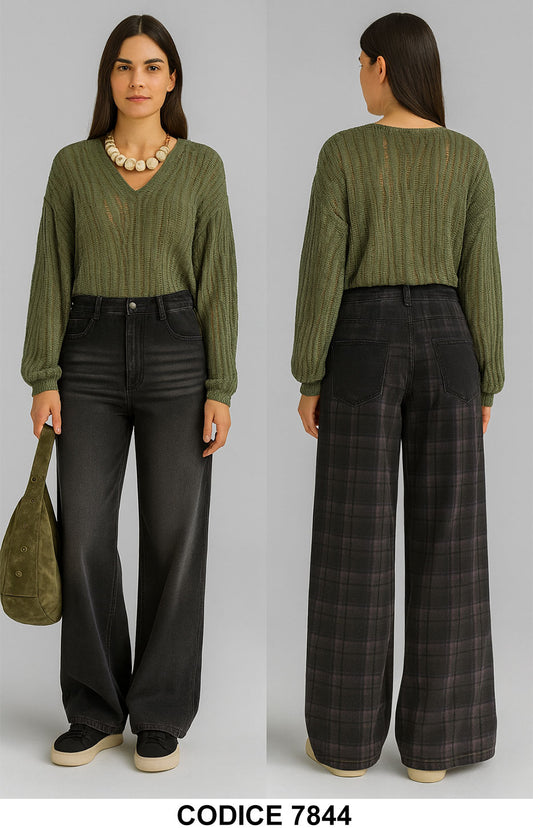 Pantalone donna palazzo a vita alta Nero Effetto Sfumato Trama Quadrati Pantaloni Fashion – 7844