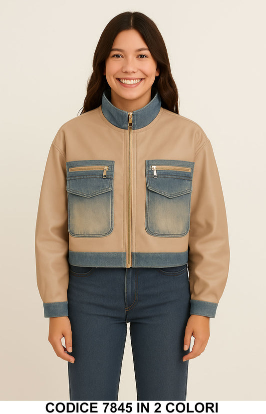 Giubbino effetto eco pelle con dettagli in denim Giubbotto Corto Fashion con Tasche in 2 Colori – 7845