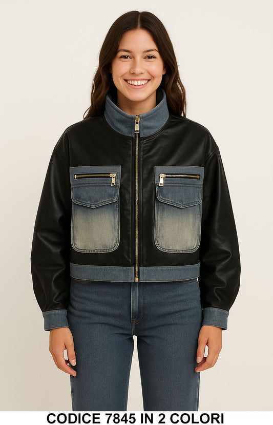 Giubbino effetto eco pelle con dettagli in denim Giubbotto Corto Fashion con Tasche in 2 Colori – 7845
