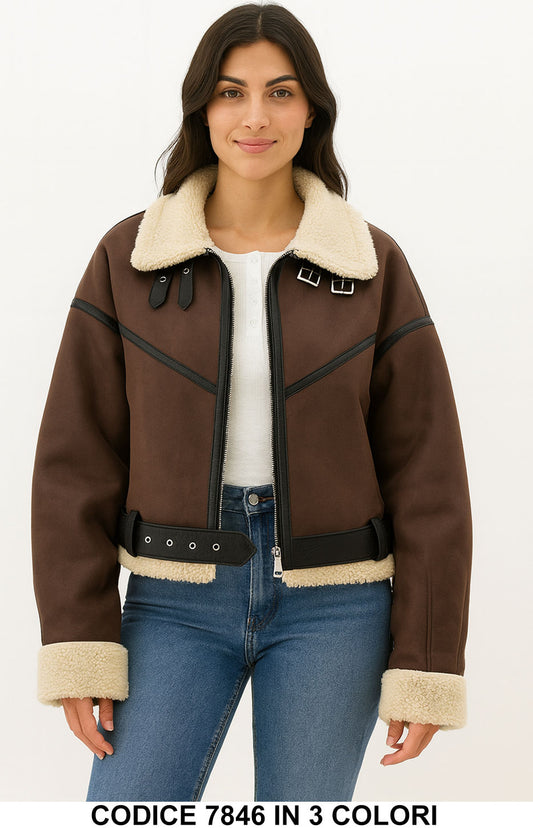 Giacca Montone con eco Pelliccia GIubbotto Corto con Fibbie Stile Aviatore in 3 colori – 7846