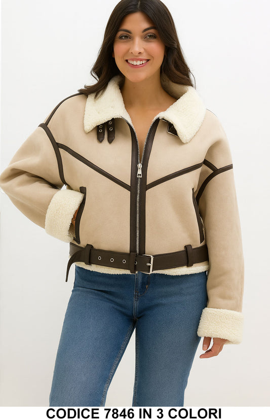 Giacca Montone con eco Pelliccia GIubbotto Corto con Fibbie Stile Aviatore in 3 colori – 7846