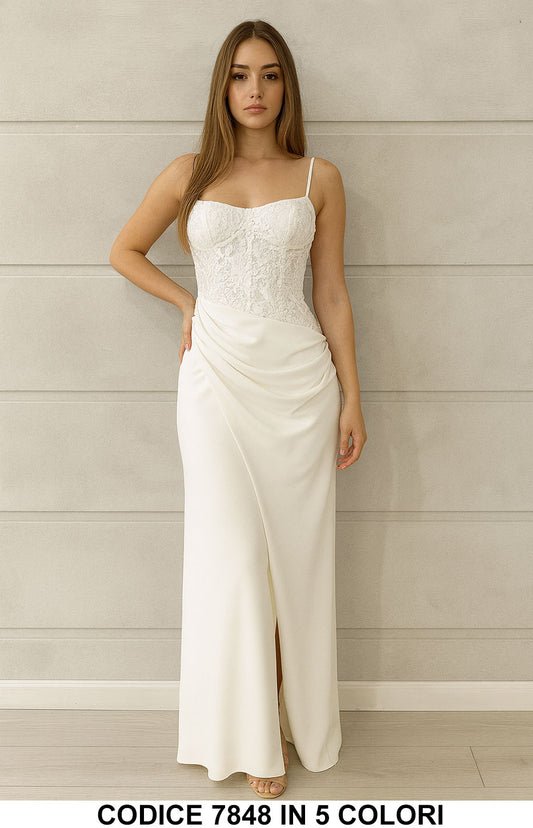 Vestito lungo con corpetto in pizzo e drappeggio Abito Elegante Casual Chic in 5 colori – 7848