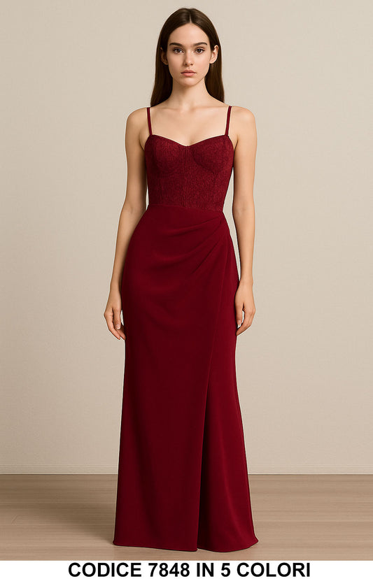 Vestito lungo con corpetto in pizzo e drappeggio Abito Elegante Casual Chic in 5 colori – 7848