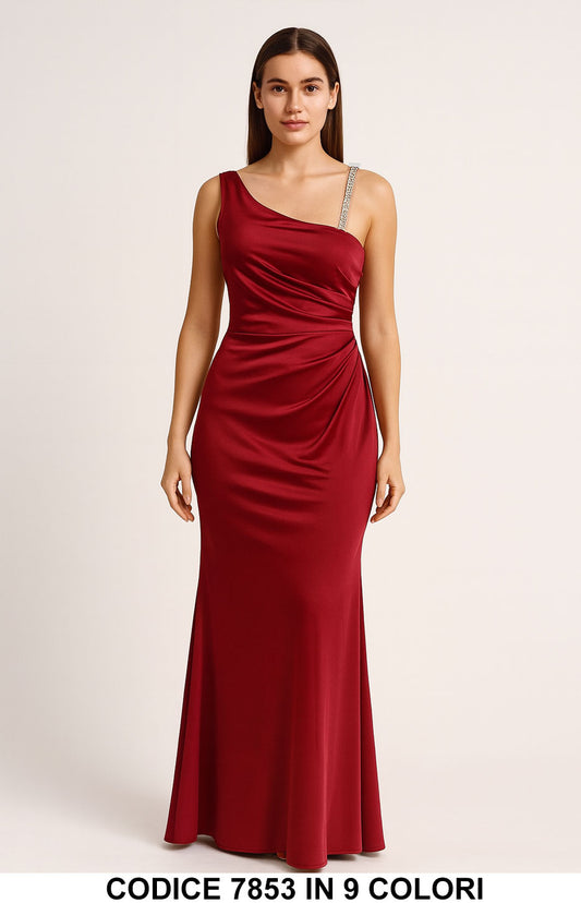 Abito lungo monospalla elegante con spallina gioiello Vestito Evento Cerimonia in 9 colori – 7853