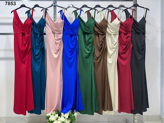 Abito lungo monospalla elegante con spallina gioiello Vestito Evento Cerimonia in 9 colori – 7853