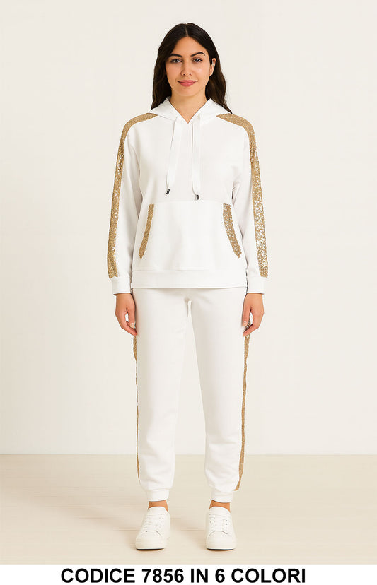 Tuta donna con paillettes laterali e felpa con cappuccio pantalone elastico Completo in 6 colori – 7856