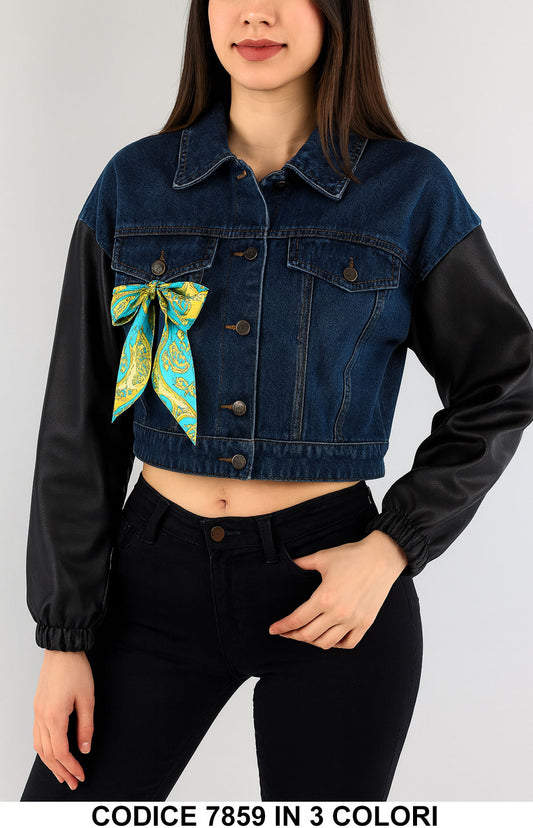 Giubbino corto in denim e similpelle con fiocco fantasia Giubbotto Casual in 3 colori – 7859
