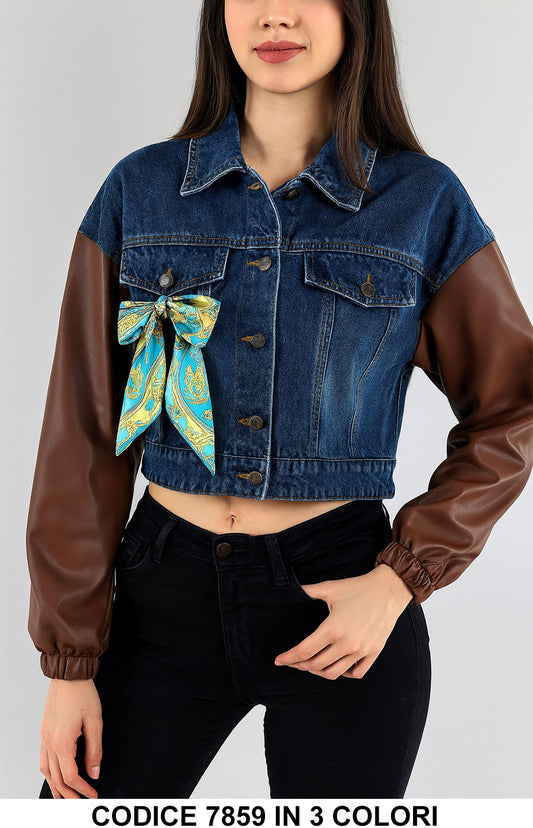 Giubbino corto in denim e similpelle con fiocco fantasia Giubbotto Casual in 3 colori – 7859