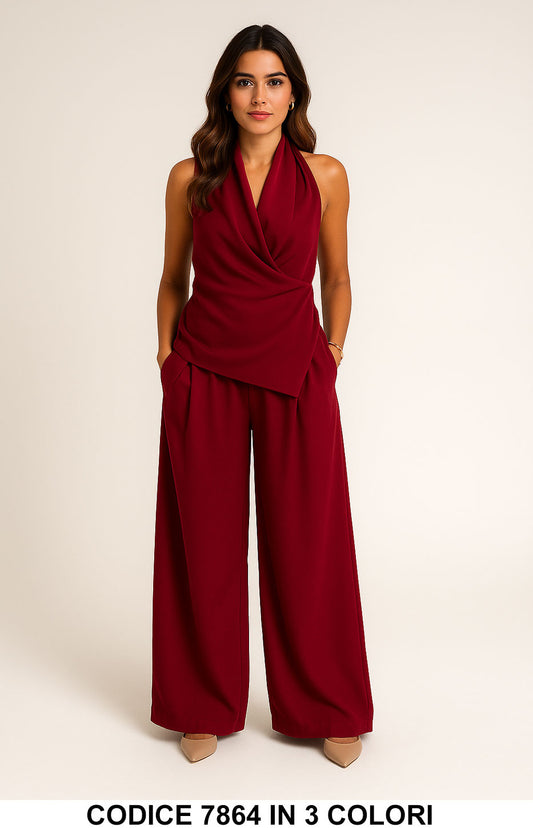 Completo due pezzi elegante top drappeggiato pantalone palazzo Coordinato in 3 colori – 7864
