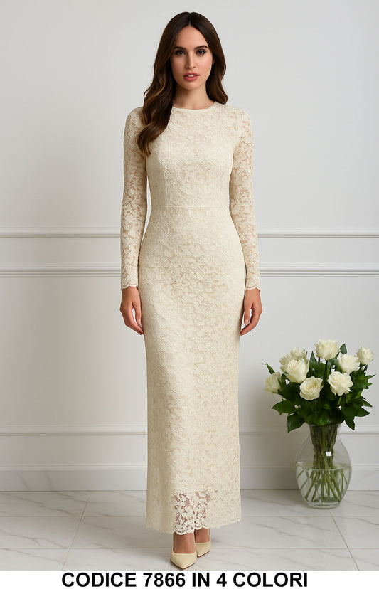 Abito lungo in pizzo con maniche trasparenti in Vestito Evento Aperitivo 4 Colori– 7866