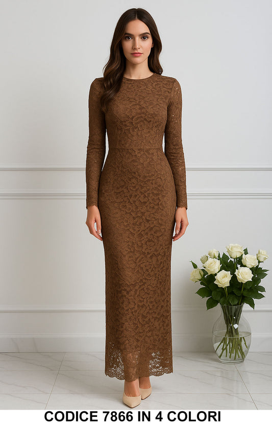 Abito lungo in pizzo con maniche trasparenti in Vestito Evento Aperitivo 4 Colori– 7866
