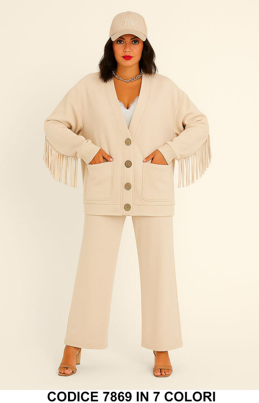 Completo Maglia Cardigan con frange Pantalone Palazzo Coordinato Casual in 3 colori – 7869
