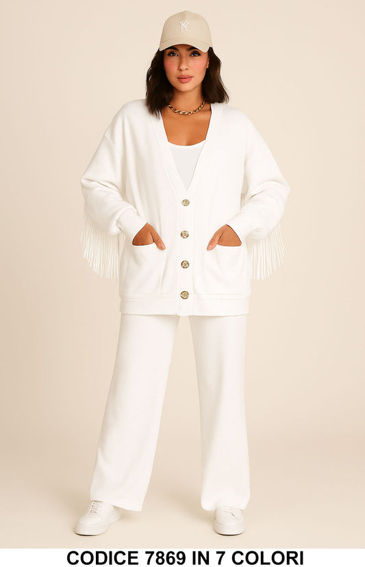 Completo Maglia Cardigan con frange Pantalone Palazzo Coordinato Casual in 3 colori – 7869