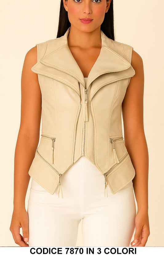 Giubbotto Gilet in ecopelle con zip decorative Taglio Sagomato Asimmetrico in 3 colori – 7870