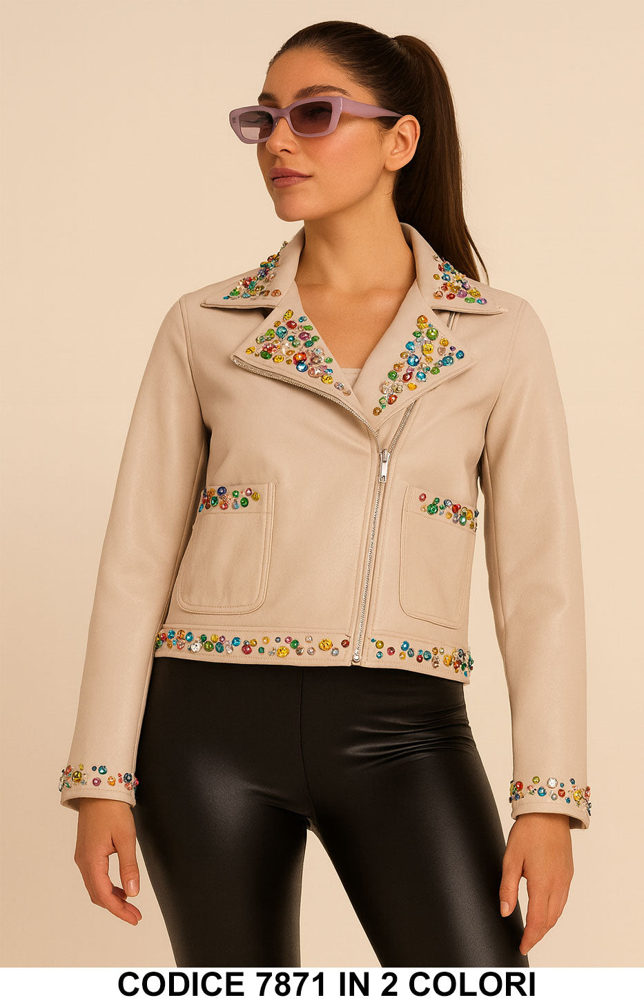 Giacca donna in ecopelle con strass colorati Giubbotto Fashion