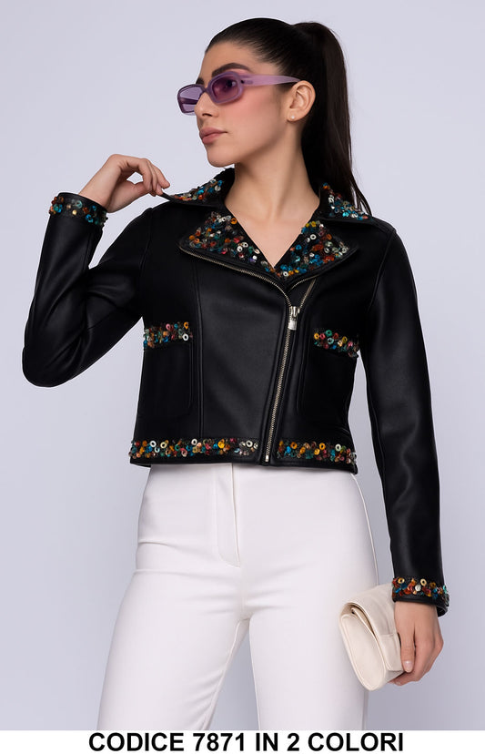 Giacca donna in ecopelle con strass colorati Giubbotto Fashion Casual Chic in 2 colori – 7871