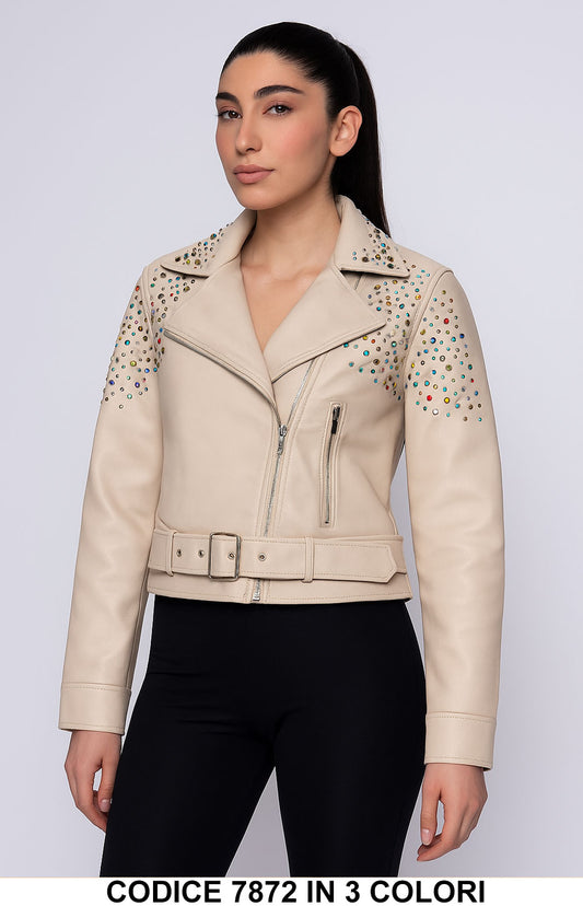 Giacca in ecopelle con borchie colorate Giubbotto Fashion Biker con Fibbia in 3 colori – 7872