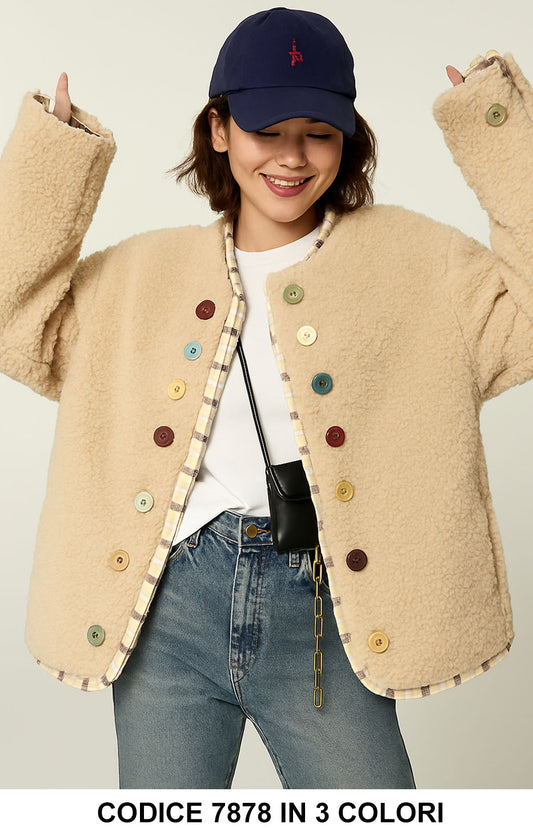 Giacca Teddy Bottoni Multicolore Effetto Camicia a Quadri Giubbotto Fashion Casual in 3 colori – 7878