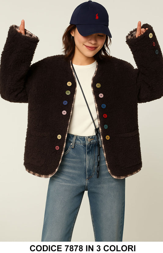 Giacca Teddy Bottoni Multicolore Effetto Camicia a Quadri Giubbotto Fashion Casual in 3 colori – 7878