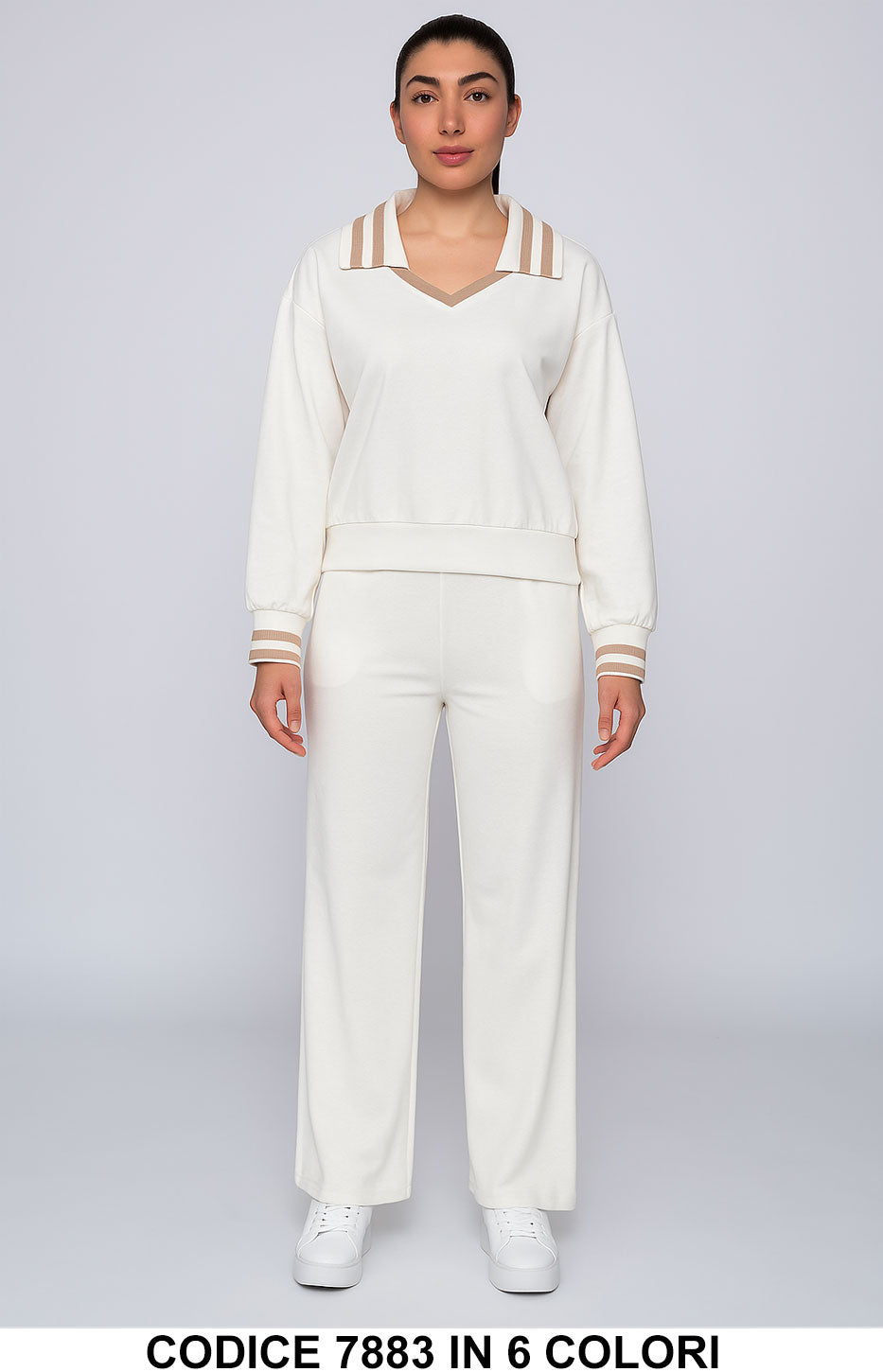 Completo donna con collo a V e dettagli a righe Maglia Lunga