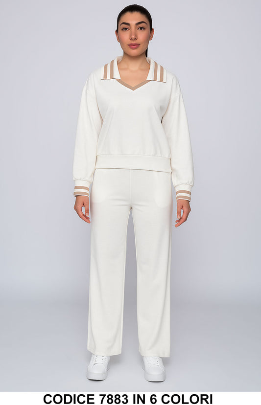 Completo donna con collo a V e dettagli a righe Maglia Lunga Pantalone Palazzo Tuta in 4 colori – 7883