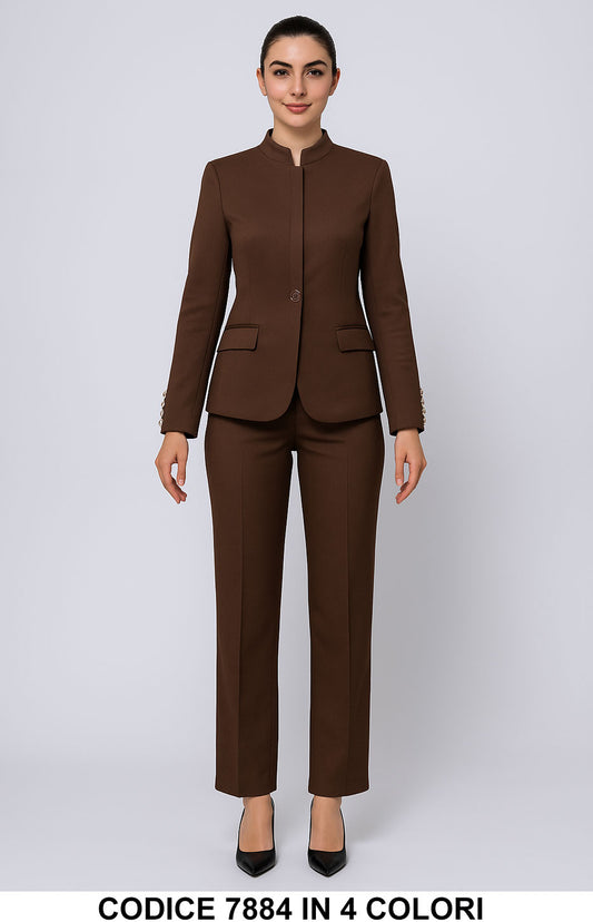 Tailleur con giacca collo coreano e pantalone dritto Completo Fashion Elegante in Marrone – 7884Out