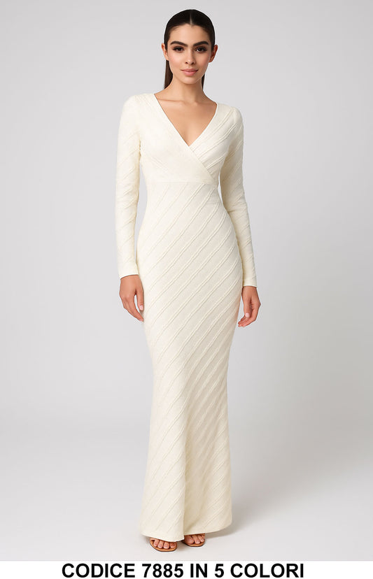 Abito lungo elegante con scollo a V e maniche lunghe Vestito Cerimonia Evento in 5 colori – 7885