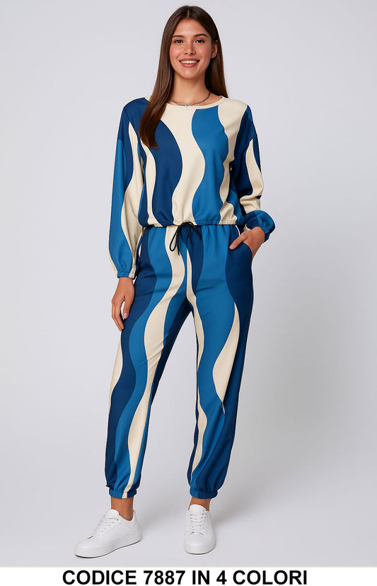 Completo donna fantasia onde top e pantalone jogger Coordinato Casual Tuta Sportiva in 4 colori – 7887