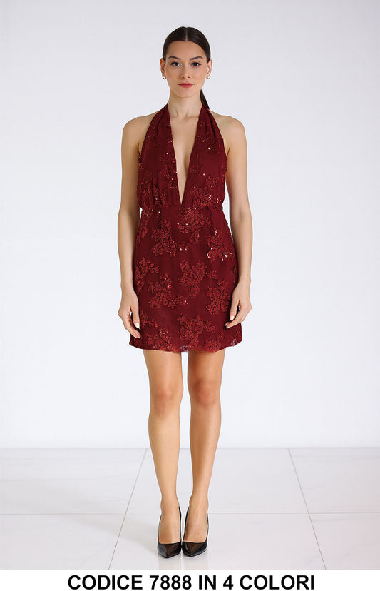 Vestito corto elegante con scollo profondo e paillettes Abito Evento Allacciato al Collo in 4 colori – 7888