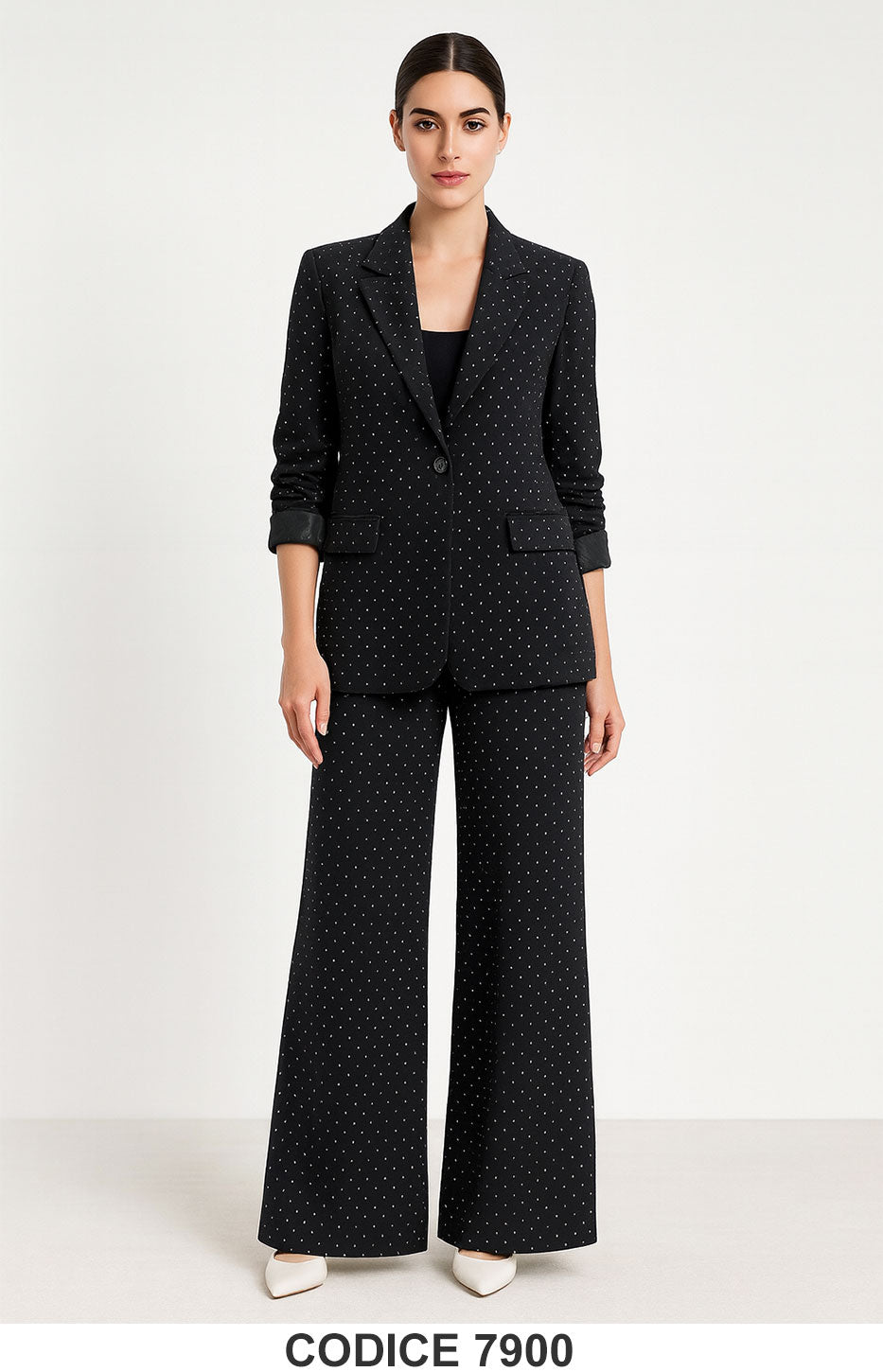 Tailleur donna elegante Nero Strass Metallo con giacca monopetto e